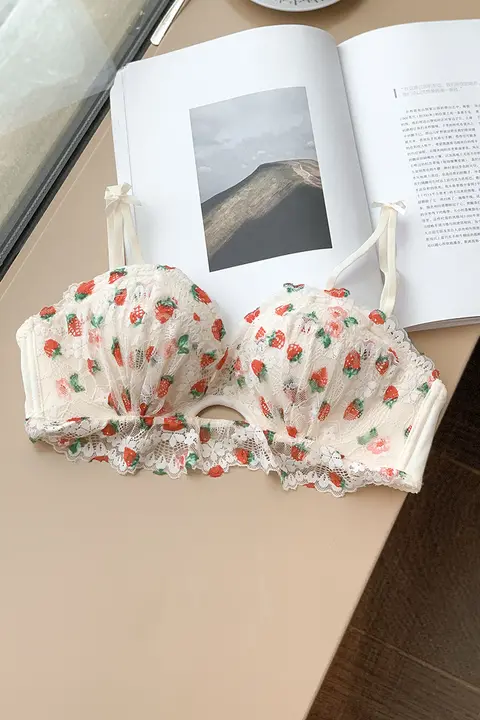 レースブラジャー【ストロベリーデザイン・ワイヤーなし・セクシー・小さめバスト用・サイドサポート】