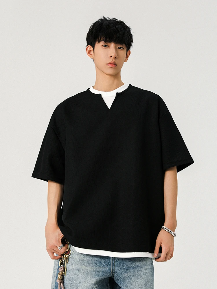 夏季復古風2重構造Tシャツセット：カップルコーデでゆったり重ね着を実現