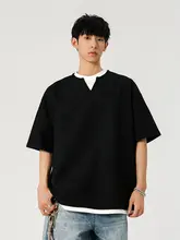 Tシャツ 半袖 ユニセックス ワッフル生地 パッチワーク フェイクレイヤード オーバーサイズ ヴィンテージ 夏 ペア