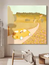 癒し系の手描き油絵 壁掛けアート【暖色調・可愛いデザイン・カートゥーン風】