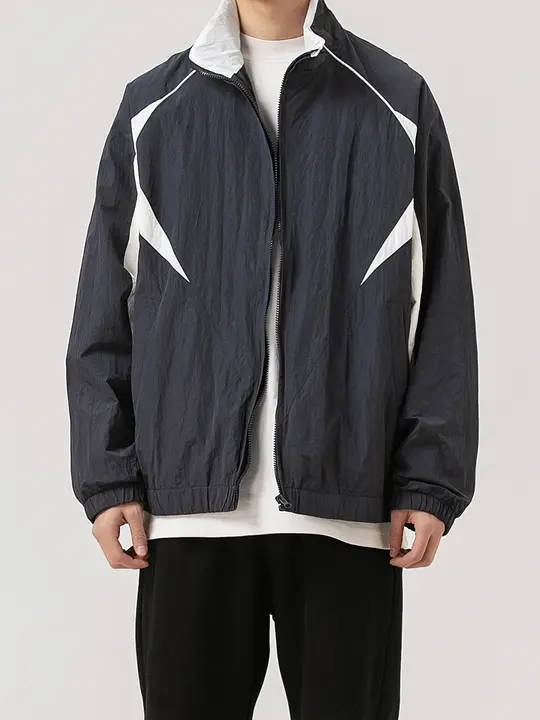 春秋用 シンプルカラーブロックデザインのメンズアウター【立ち襟・ゆったり・カジュアル】