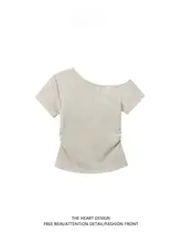 かわいい刺繍入り短袖Tシャツ【女性用・スリムフィット・斜め肩デザイン】