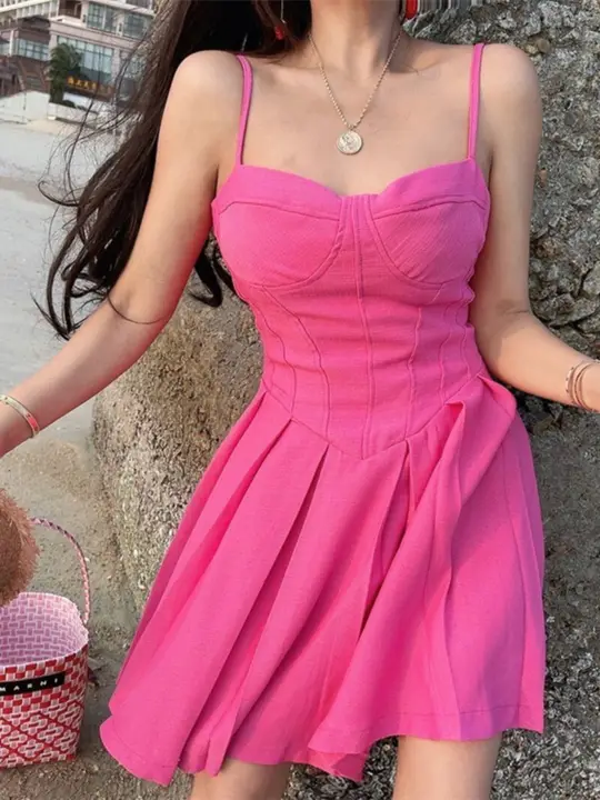 Chenopod 春夏コットンツイード スリーブレスドレス【ピンク・ウエスト寄りデザイン・リゾートスタイル】