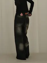 ヴィンテージ風 ストレートワイドデニムパンツ【ハイウエスト・ブラック・スリム効果・米白】