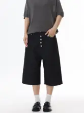 シンプルな美しいデザインのストレートカットデニムショートパンツ【男女兼用・通勤・高級感・ゆったり】（セットアップ対応）