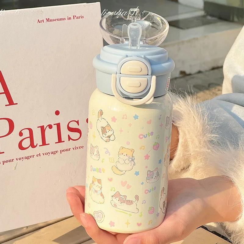 子供用保温保冷水筒 ストロー 500ml ダブルドリンク対応 カラーキャットデザイン