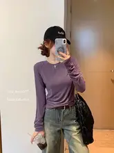 紫色 クルーネック レディース 長袖Tシャツ【フィット感のある伸縮性・インナータイプ】