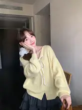 レースリボン付きニットカーディガン【秋用・韓国風・レトロデザイン・スタイル】