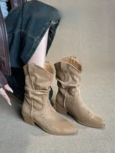 レトロデザインの尖ったつま先のショートブーツ【折り畳みスタイル・粗いヒール・女性用・秋冬用】