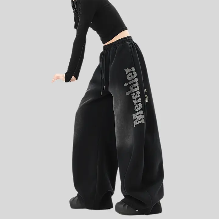 ストリートヒップホップデザイン 水洗い仕上げのワイドレッグパンツ【春用・男女兼用・カジュアル】（セットアップ対応）