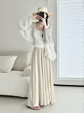 抗皱コットンリネンのハイウエストAラインスカート【柔らかな杏色・大きなフレア・足首丈・春の古風スタイル】