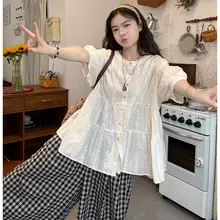 大きいサイズの女性用刺繍シャツ【フィット・チェック柄ワイドパンツ付き】（セットアップ対応）