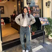 アイシャンストア 厚手裏地付きウォッシュドブルーストレートワイドジーンズ