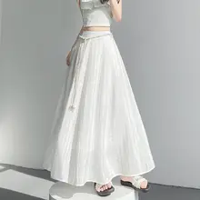 白色のプリーツミディスカート【ハイウエスト・リボン付き・Aライン・フレア】
