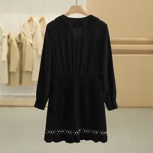 フリル付きVネックウエストリボンドレス【シルエットを美しく見せる・長袖】