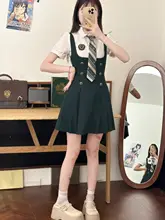 夏用ウエスト絞りデザインのモスグリーンJK制服風ワンピース【学院風・半袖】