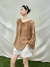 シフォンブラウス レディース フリル パフスリーブ 肩抜き 薄手 ルーズ 秋 「SUSHE」