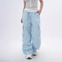 アメリカンスタイルのレトロヒップホップ・天ブルー・多ポケット・ミリタリーカーゴパンツ【フィット・褶み入り・カジュアルロングパンツ】