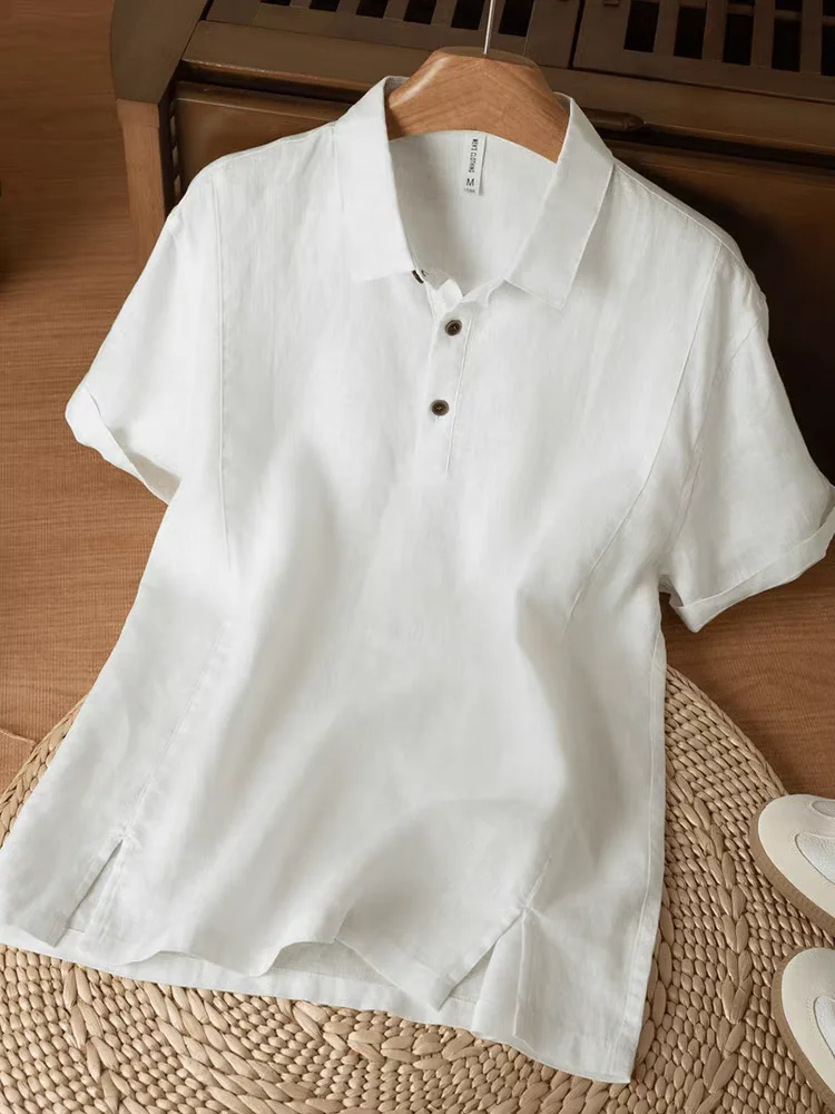 リネン製POLOカラー半袖Tシャツ：通気性と軽量設計が夏の日常に最適なシンプルスタイル