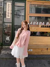柔らかいピンクのカーディガン【韓国風・ニット・透かし編み】（セットアップ対応）