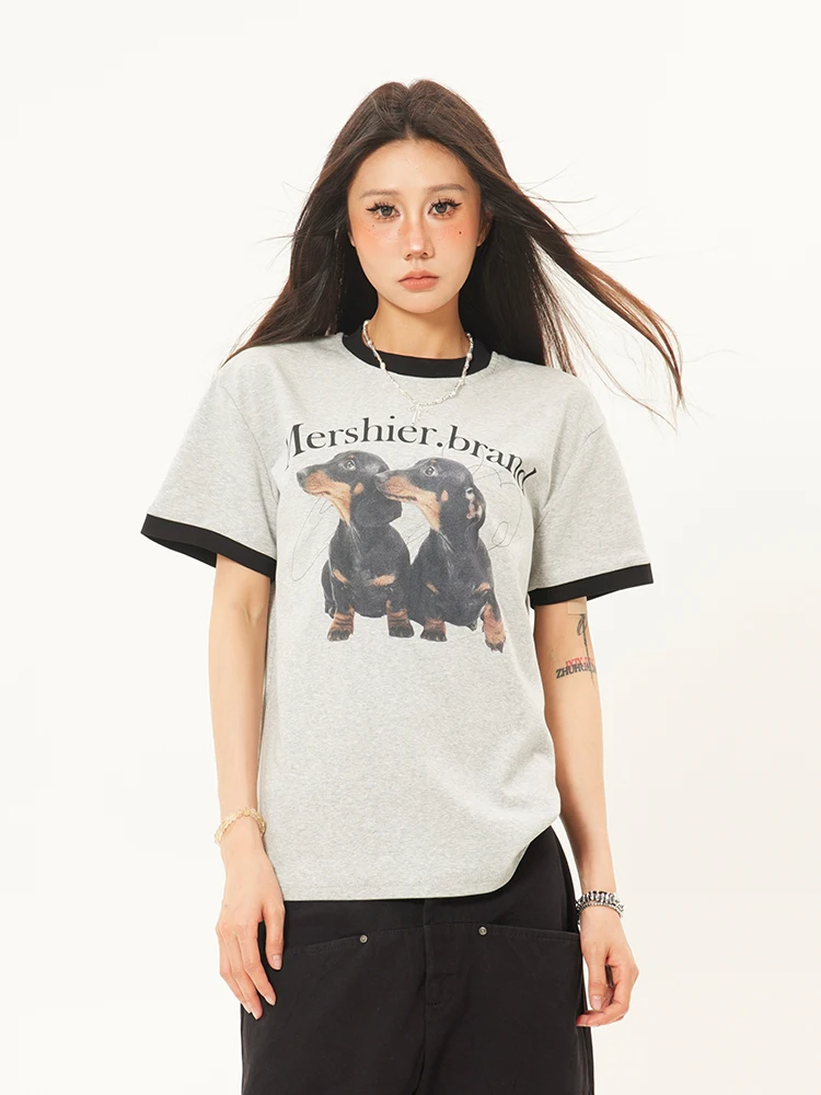 アメリカンレトロスタイルの小犬プリント半袖Tシャツ：カジュアルファッションに最適なデザインと実用性