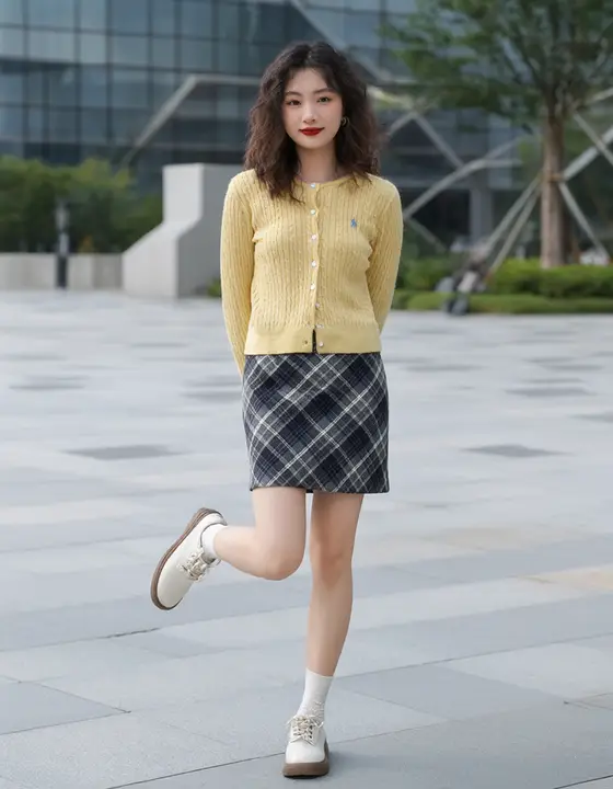 チェック柄ウールAラインスカート【秋冬用・学院風・女性用】