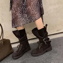 ヴィンテージ風 ベルト付きマーチンブーツ【中筒・バイカースタイル・ウエスタンブーツ】