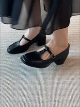 羊皮製 レトロストレートトゥ マリージェンシューズ【バックル付き・太ヒール・疲れにくい】