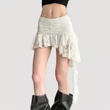 ヴィンテージ風 ホワイトレース不規則ヘムスカート【セクシーなフローレース・夏用】