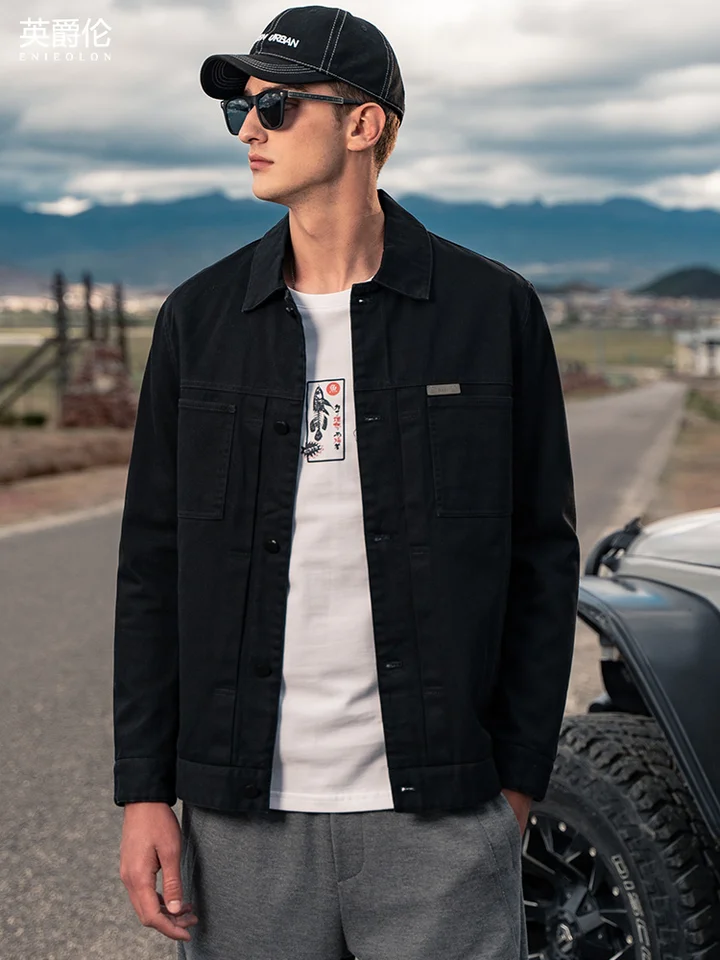 極上の柔らかさの純綿ワークジャケット【フラップカラー・カジュアル・ブラック】