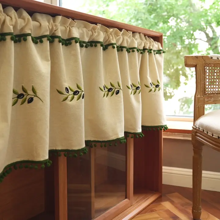 オリーブリーフ刺繍入り半カーテン【アメリカンスタイル・北欧風・取り付け簡単】
