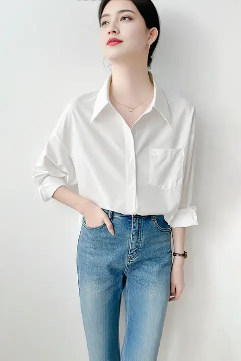 女性用白色シフォン長袖シャツ【ゆったりフィット・カジュアル・シワになりにくい・ビジネスカジュアル】