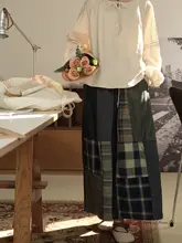 TIONGTIONG チェック柄切り替えデニムパンツ【春用・ゆったりサイズ・ワイドレッグ・レディース】