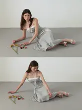 花柄グレーのドットデザイン マタニティキャミソールドレス【ウエストマーク・ミディ丈・肌に優しい天絲素材】