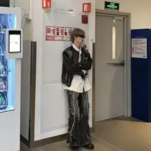 デザインが際立つ！カジュアルデニムジャケット【ラフなフリンジ・パッチワーク・秋用】とデニムパンツ【微ブーツカット・ストレッチ】（セットアップ対応）