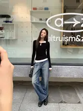 レトロハイウエストデニムパンツ【ウォッシュ加工・ストレートシルエット】