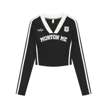 アメリカンレトロカラーVネック長袖Tシャツ【ショート丈・フィットデザイン・クロップド・スポーツスタイル】