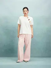 新中式デザインの馬モチーフラウンドネック半袖Tシャツ【サテン風・コントラストパネル】