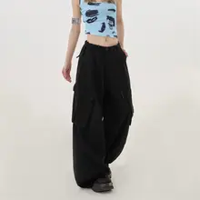 カーゴパンツ ワイドジョガー ユニセックス ドローコード 薄手 大型ポケット ブラック アメカジ ストリート ダンスウェア 「Remedie」
