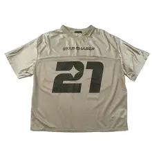 レトロデザインのVネック短袖Tシャツ【野球風プリント・メッシュ素材・フィット】