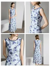 水墨印花デザインの女性用ワンピース【ブルー・タイトフィット・ラウンドネック・ノースリーブ】