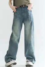 春秋用 ゆったりデザインのウォッシュ加工デニムパンツ【ストレート・カジュアル】