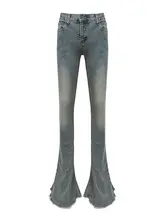 浅色デニム微フレア毛羽立ちストレッチパンツ【レディース】