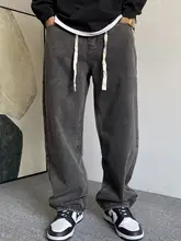 ブラックグレーの水洗い復古デニムパンツ【メンズ・ストレート・・ウエスト紐】