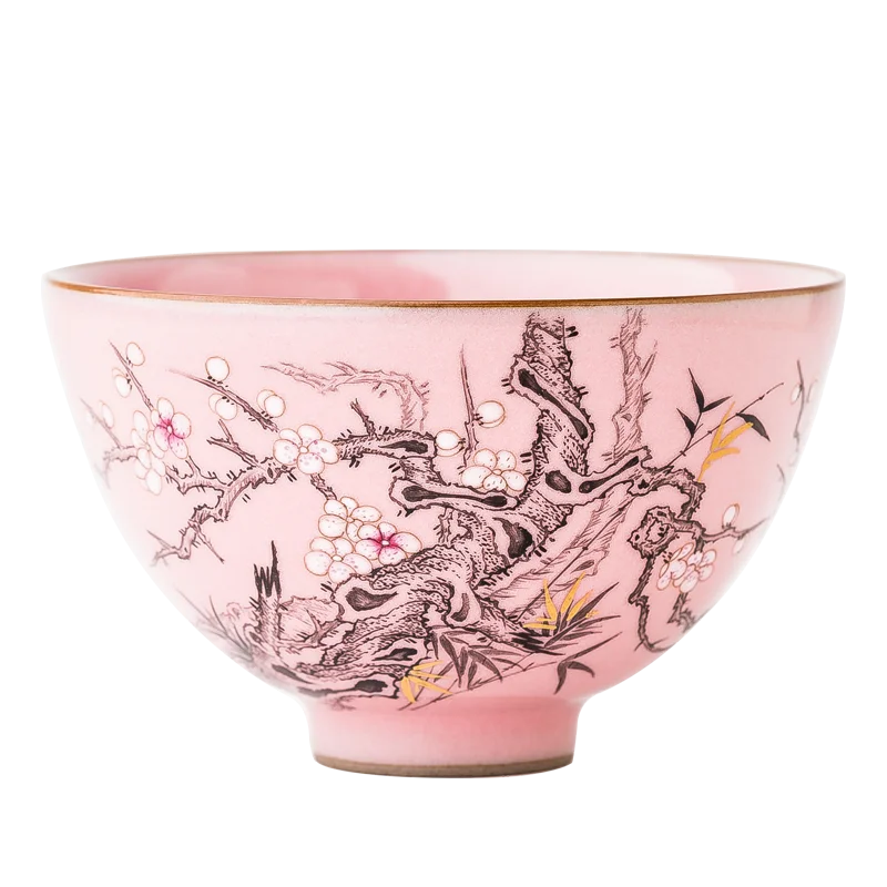 汝窯 粉彩墨梅デザインの茶杯【個人用・功夫茶】