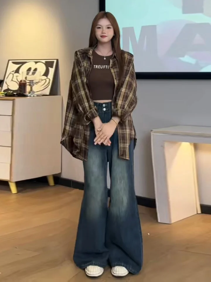 大きいサイズ キャジュアル ワイドレングスデニムパンツ【ハイウエスト・ポケット付き・梨型体型にフィット】