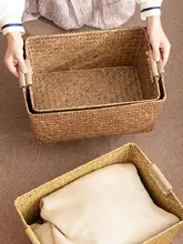 大容量草編整理バスケット【デスクトップ収納用・自然素材・ウェッジウッドデザイン】