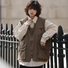 ユニセックス ビンテージ風 多ポケットデザインの工事作業ベスト【春秋用・フィット・アウター】（セットアップ対応）