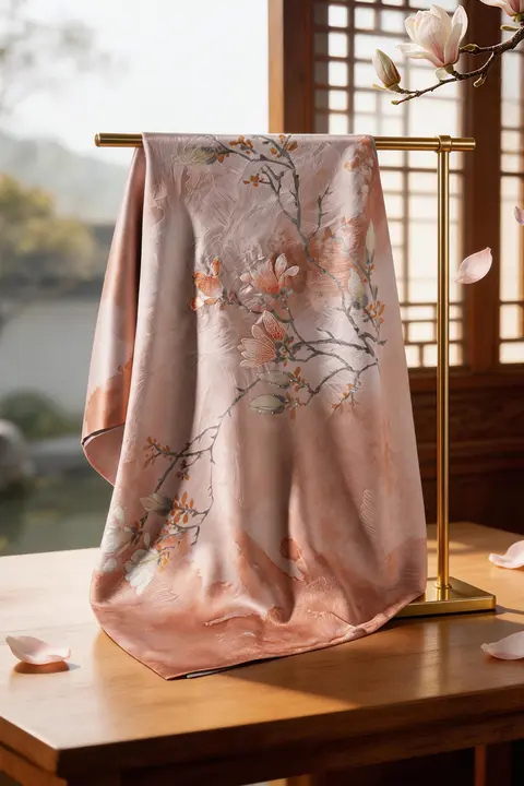 シルク製エレガントな刺繍入りショール【春夏用・花柄デザイン】