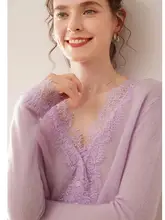 レースフリルニットカーディガン【Vネック・ウール混・長袖・ゆったりフィット】